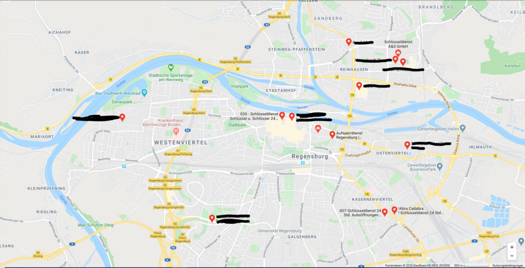 Google Map von Regensburg mit Standorten von Schlüsseldiensten. Existierende sind zum Teil unkenntlich gemacht.
